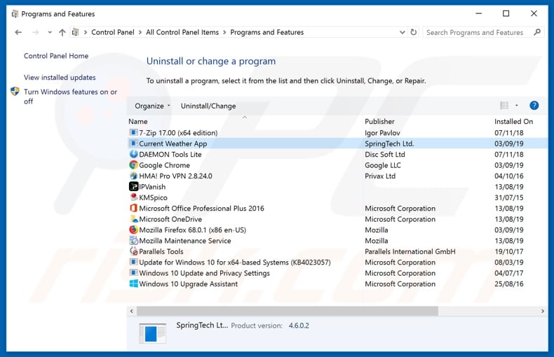 search.currentweathertab.com browser hijacker uninstall via Control Panel