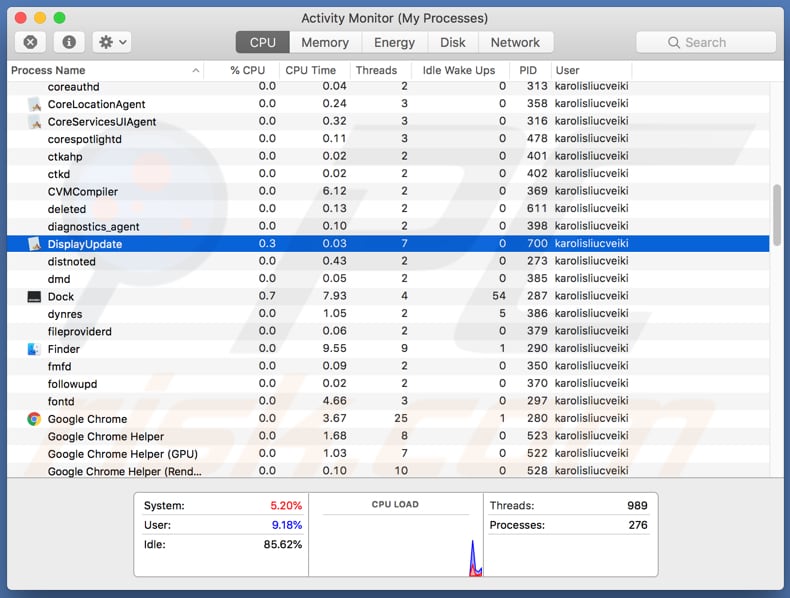 displayupdate running in activity monitor