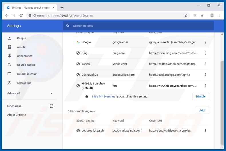 Removing search.earthandsatelliteviewtab.com from Google Chrome default search engine