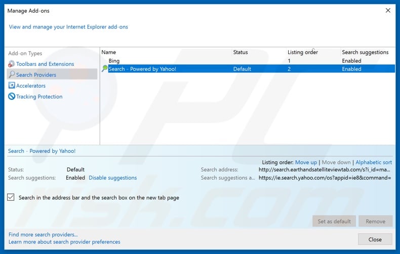 Removing search.earthandsatelliteviewtab.com from Internet Explorer default search engine