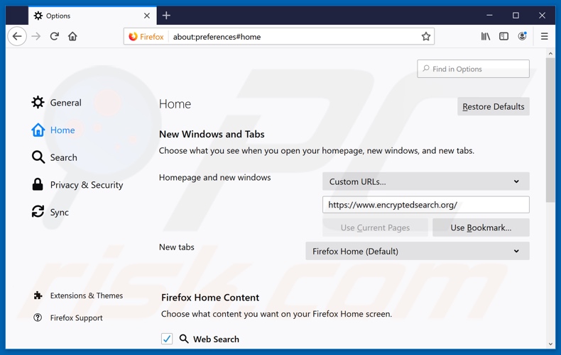 Removing encryptedsearch.org from Mozilla Firefox homepage