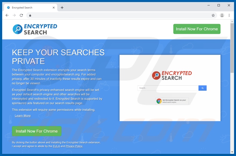 Website used to promote Encrypted Search browser hijacker