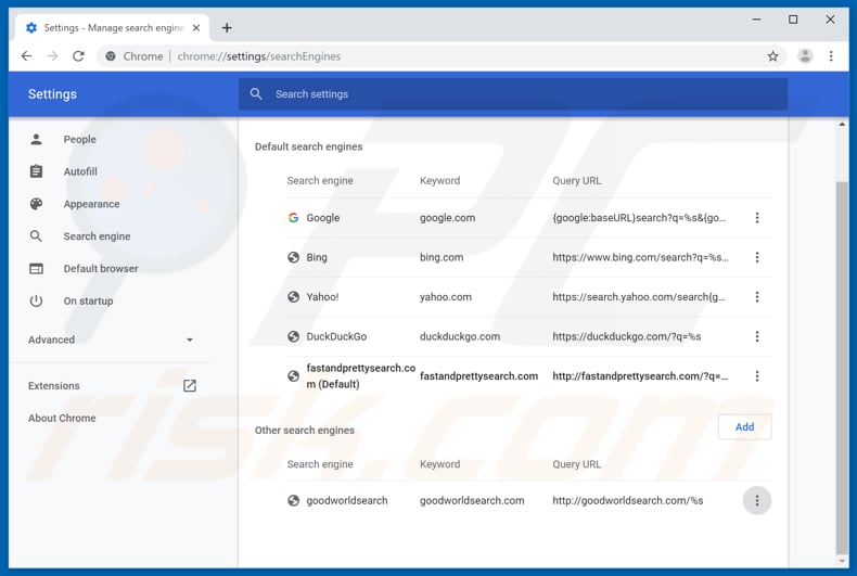Removing fastandprettysearch.com from Google Chrome default search engine