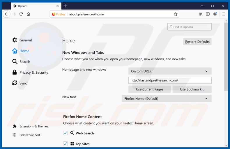 Removing fastandprettysearch.com from Mozilla Firefox homepage