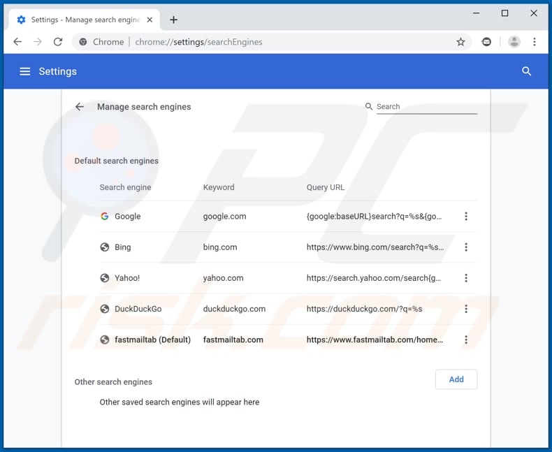 Removing fastmailtab.com from Google Chrome default search engine