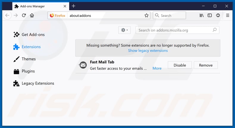 Removing fastmailtab.com related Mozilla Firefox extensions