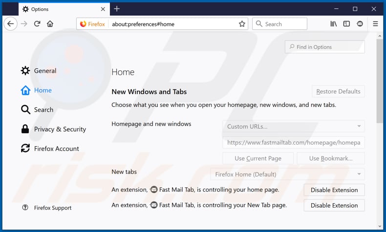 Removing fastmailtab.com from Mozilla Firefox homepage