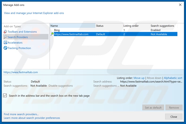 Removing fastmailtab.com from Internet Explorer default search engine