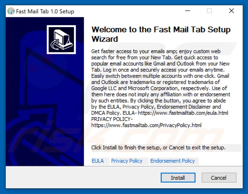 Official Fast Mail Tab browser hijacker installation setup