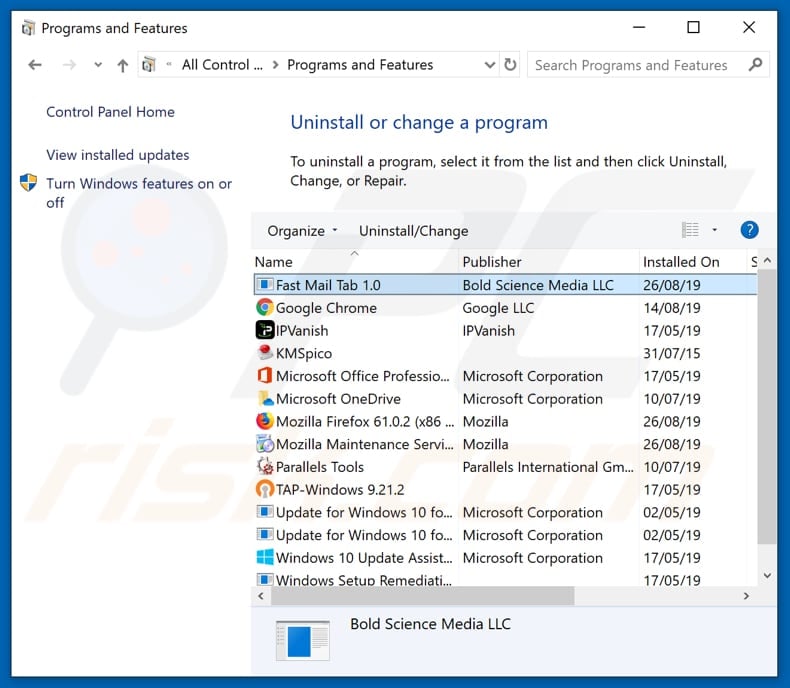 fastmailtab.com browser hijacker uninstall via Control Panel