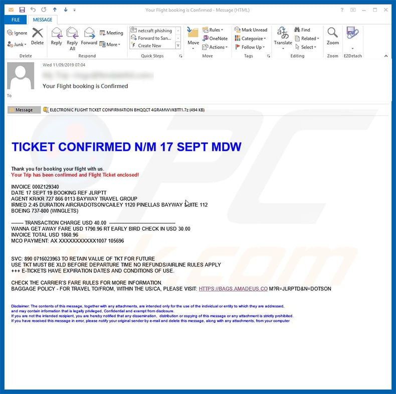 Flight Booking Email Virus