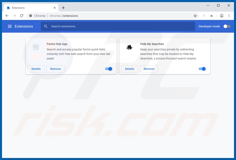 Removing search.formshubtab.com related Google Chrome extensions
