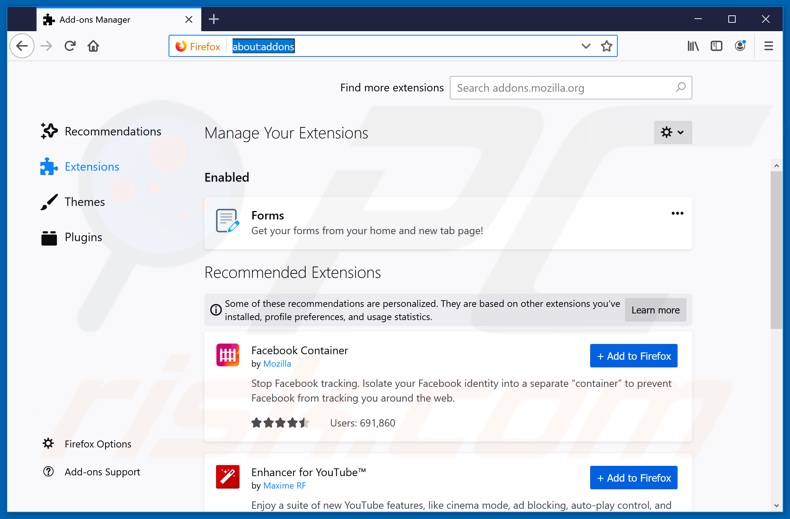 Removing search.formshubtab.com related Mozilla Firefox extensions
