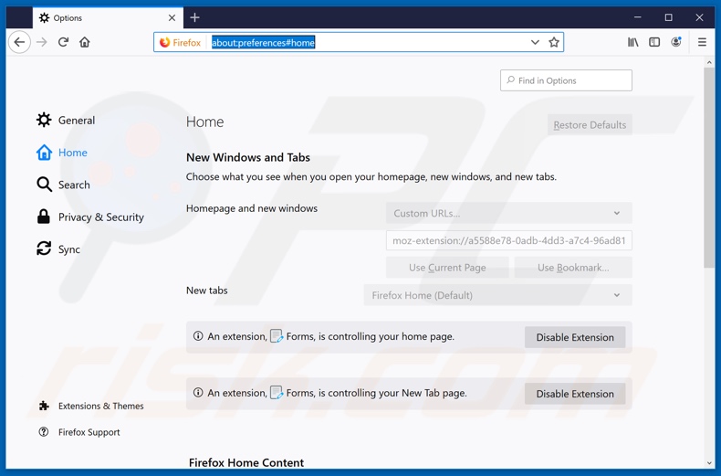 Removing search.formshubtab.com from Mozilla Firefox homepage