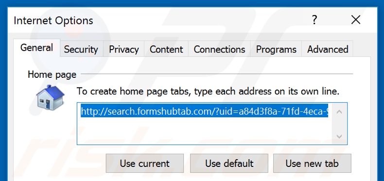 Removing search.formshubtab.com from Internet Explorer homepage