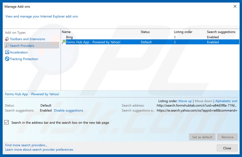 Removing search.formshubtab.com from Internet Explorer default search engine