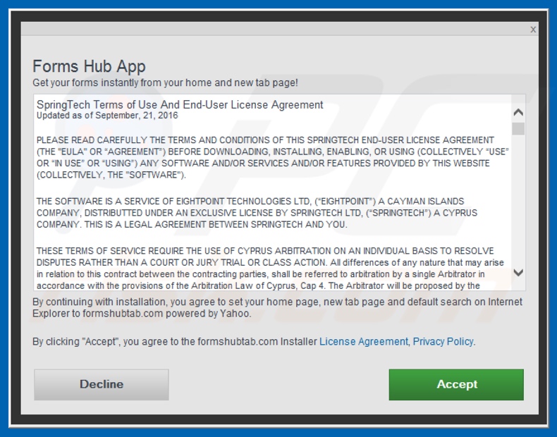 Official Forms Hub App browser hijacker installation setup