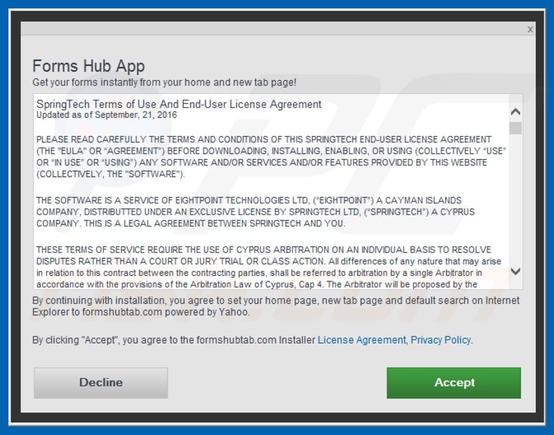 Official Forms Hub App browser hijacker installation setup