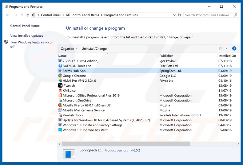 search.formshubtab.com browser hijacker uninstall via Control Panel