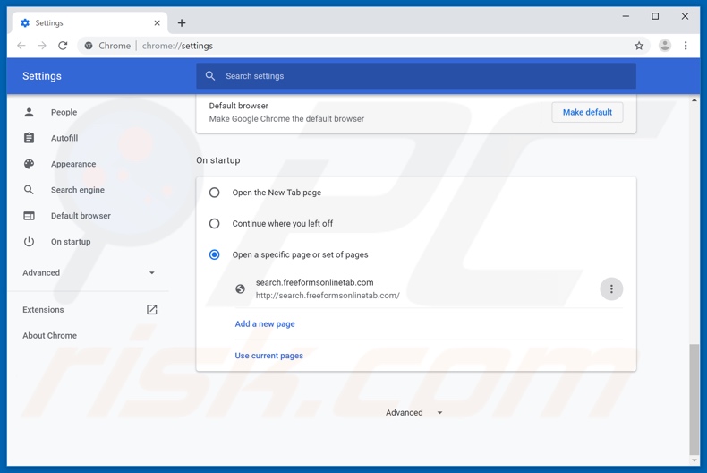 Removing search.freeformsonlinetab.com from Google Chrome homepage