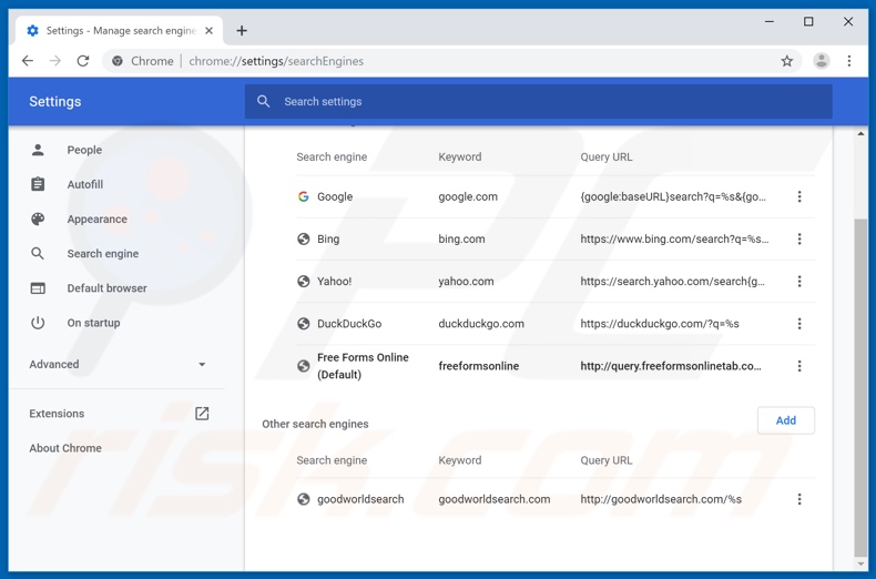 Removing search.freeformsonlinetab.com from Google Chrome default search engine