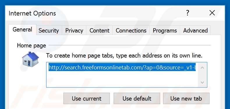 Removing search.freeformsonlinetab.com from Internet Explorer homepage