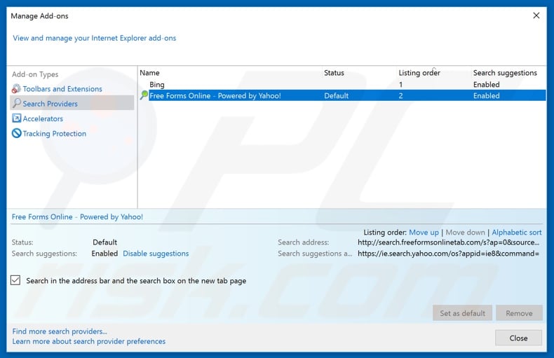 Removing search.freeformsonlinetab.com from Internet Explorer default search engine