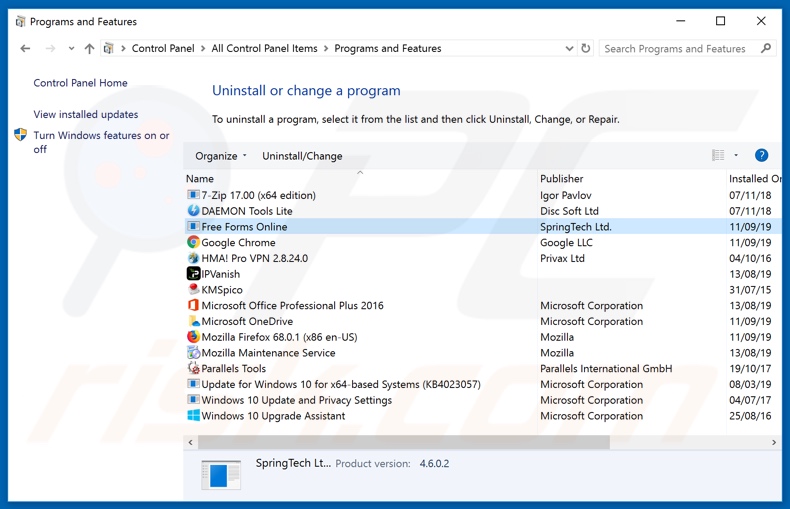 search.freeformsonlinetab.com browser hijacker uninstall via Control Panel