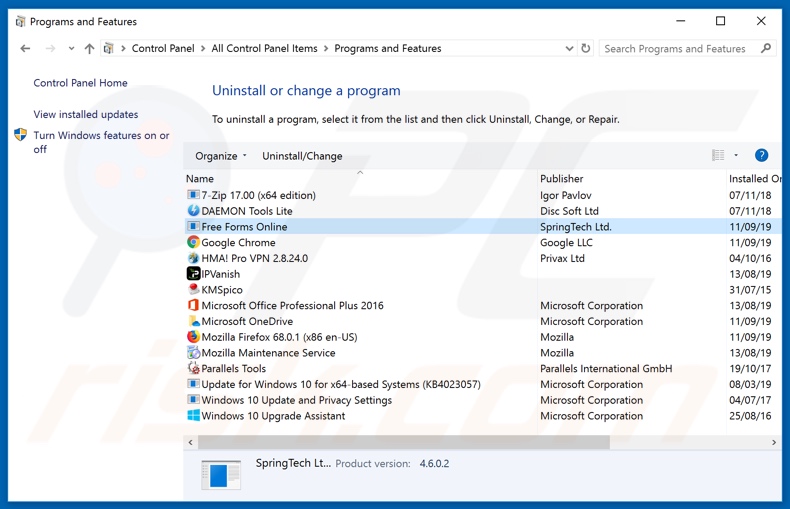 search.freeformsonlinetab.com browser hijacker uninstall via Control Panel