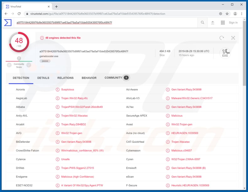 game booster.exe virustotal detections