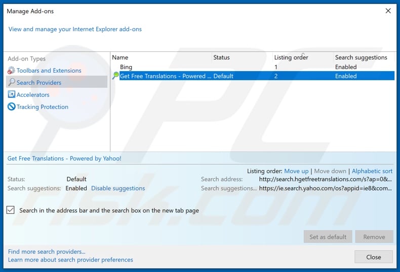 Removing search.hgetfreetranslations.com from Internet Explorer default search engine