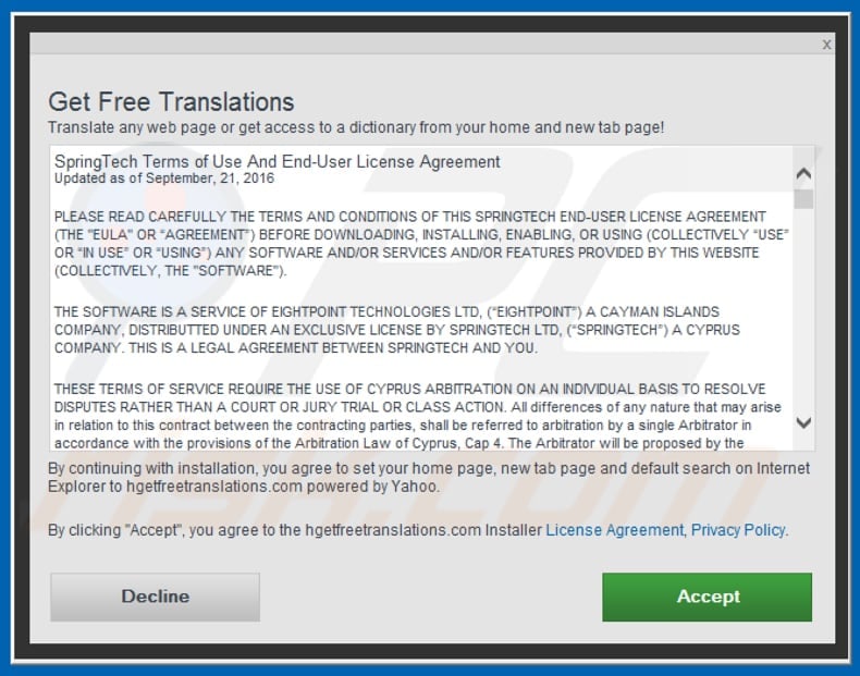 Official Get Free Translations browser hijacker installation setup