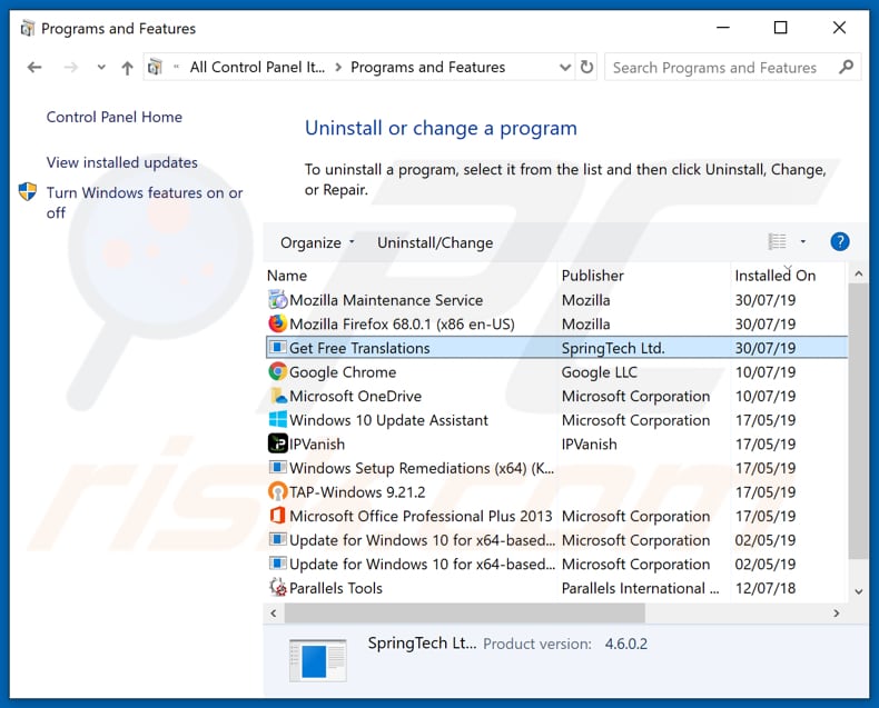 search.hgetfreetranslations.com browser hijacker uninstall via Control Panel