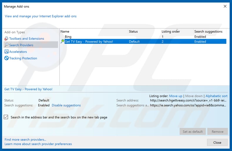 Removing search.gettveasy.com from Internet Explorer default search engine