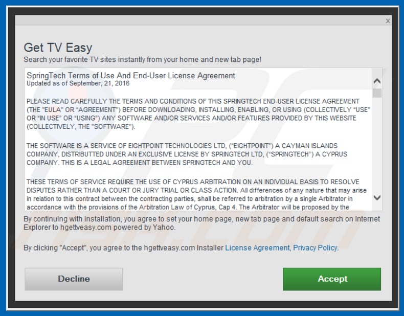 Official Get TV Easy browser hijacker installation setup