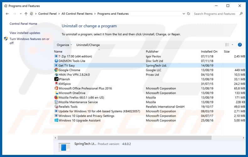 search.gettveasy.com browser hijacker uninstall via Control Panel