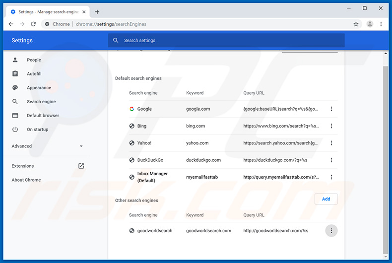 Removing search.myemailfasttab.com from Google Chrome default search engine