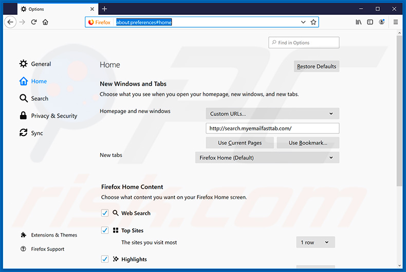 Removing search.myemailfasttab.com from Mozilla Firefox homepage