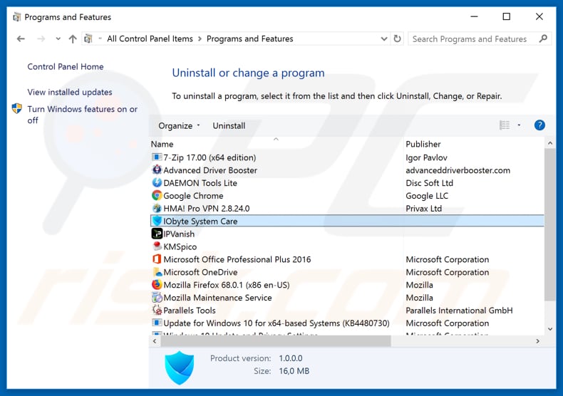 IOByte System Care adware uninstall via Control Panel