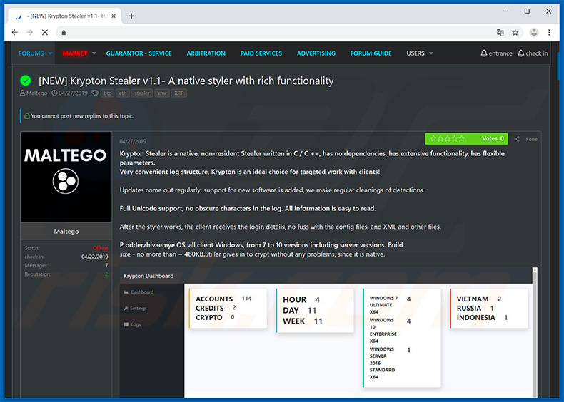 Krypton Stealer available on dark web forum