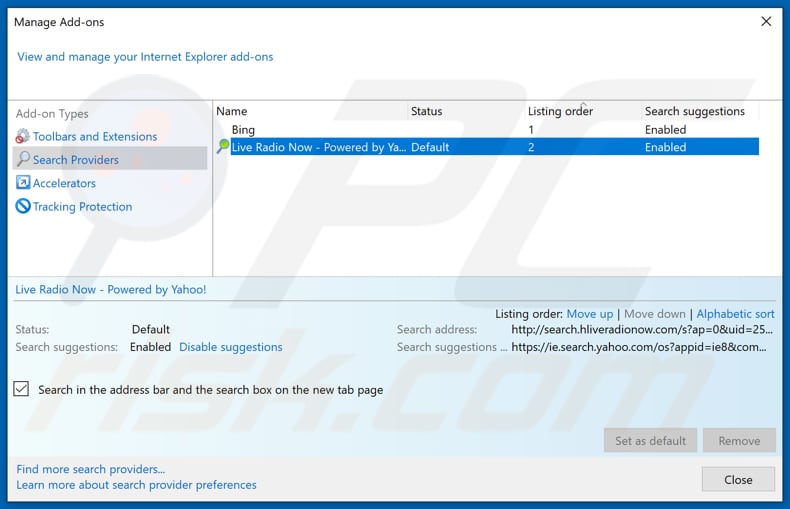 Removing search.hliveradionow.com from Internet Explorer default search engine