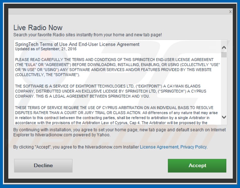 Official Live Radio Now browser hijacker installation setup