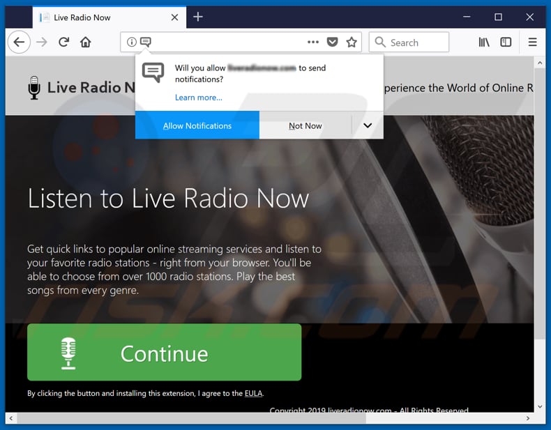 Live Radio Now download page asking to show notifications