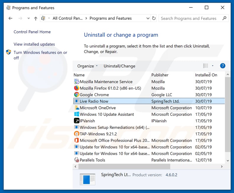 search.hliveradionow.com browser hijacker uninstall via Control Panel