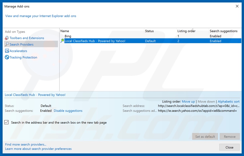 Removing search.localclassifiedshubtab.com from Internet Explorer default search engine