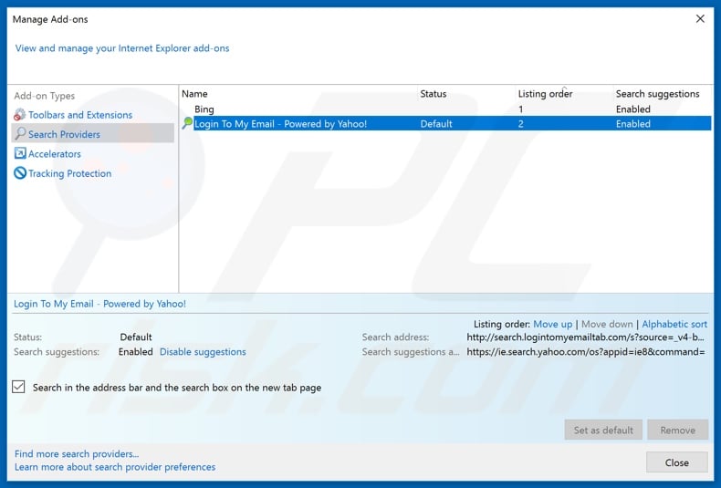 Removing search.logintomyemailtab.com from Internet Explorer default search engine