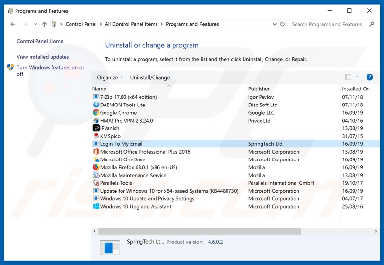 search.logintomyemailtab.com browser hijacker uninstall via Control Panel