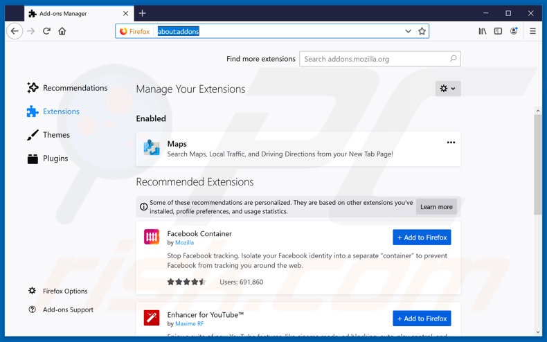 Removing search.mapsanddirectionstab.com related Mozilla Firefox extensions