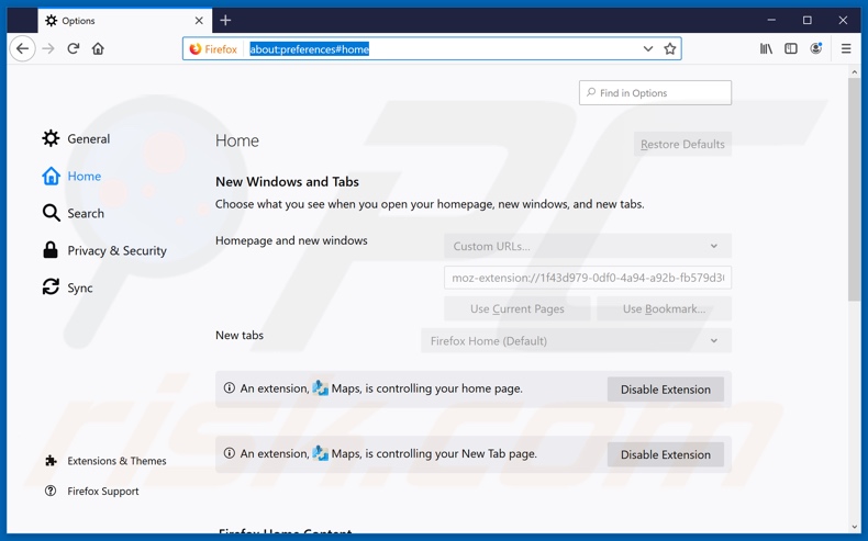 Removing search.mapsanddirectionstab.com from Mozilla Firefox homepage