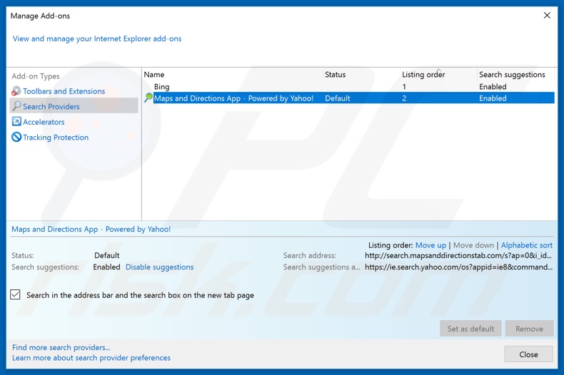 Removing search.mapsanddirectionstab.com from Internet Explorer default search engine